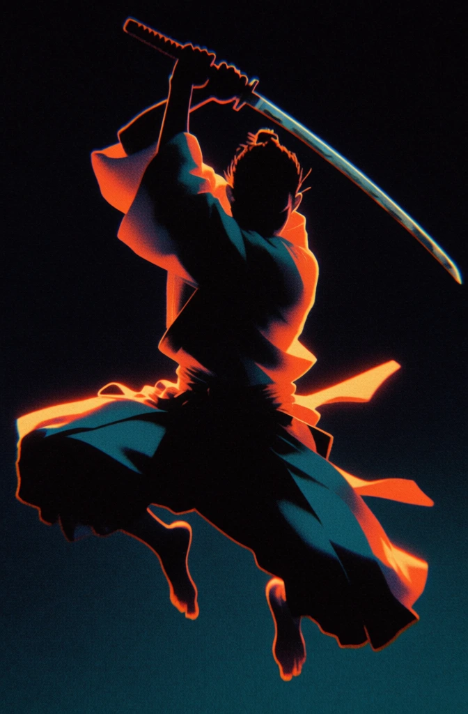 dynamic mid-air duel between two fierce samurai swinging katanas, high-contrast silhouette lighting with a saturated orange and teal color palette, heavy film grain and gritty risograph texture, vertical motion blur and digital smearing distortions bleeding from the top, dramatic rim lighting emphasizing sharp edges against a deep black grainy background, psychedelic retro-futuristic aesthetic, intense kinetic energy, cinematic and raw distorted composition