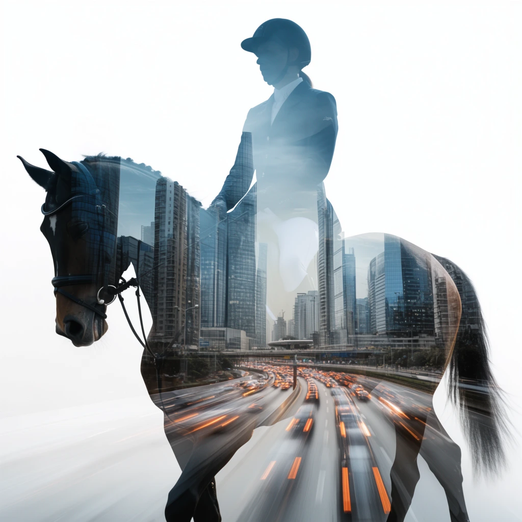 Double exposure portrait, silhouette of an equestrian rider on horseback, stark white background, internal urban cityscape, towering modern skyscrapers, busy curving highway, long exposure motion blur, glowing orange car trail lights, cool blue and grey architectural tones, surreal blend of equestrian form and modern city architecture, cinematic lighting