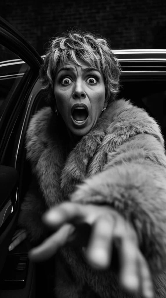 Black and white cinematic photograph, shocked woman leaning into car door, hand reaching urgently toward camera in extreme blurry foreground, wide eyes and open mouth, heavy faux fur coat, short textured hair, shallow depth of field, high contrast lighting, dark brick background