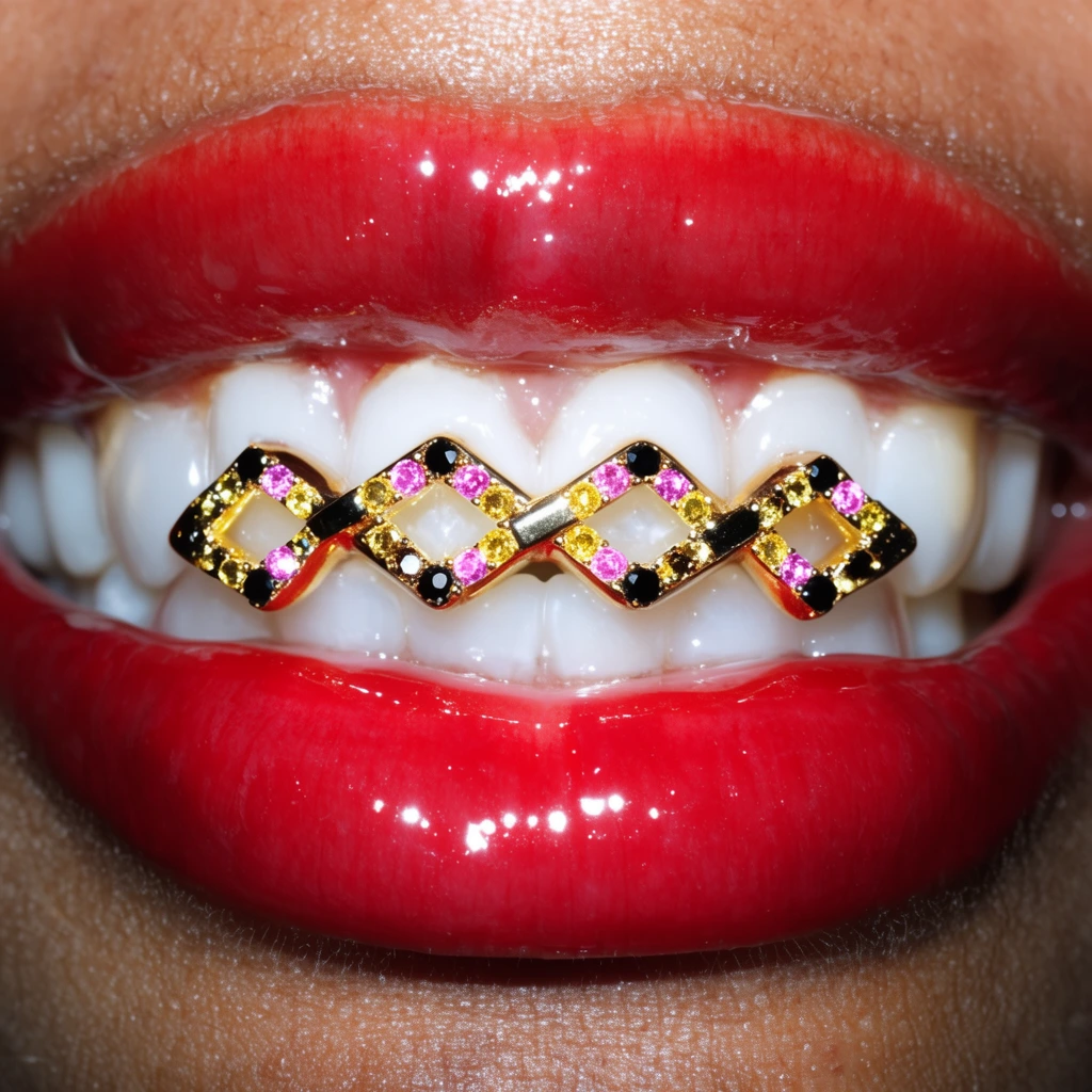 macro close-up of glossy red lips, white teeth with custom gold dental grill of four interlocking diamond links encrusted with pink yellow and black gems, thick clear lip gloss, harsh direct flash, strong specular highlights, detailed skin pores