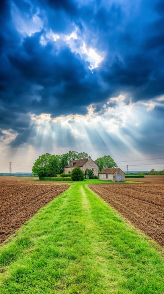 rural stone farmhouse and outbuilding nestled in green trees, bright sunbeams breaking through heavy dark blue storm clouds, vibrant green grassy path leading to the house, flanked by expansive brown plowed agricultural fields, distant power lines, wide-angle HDR photography, vivid colors