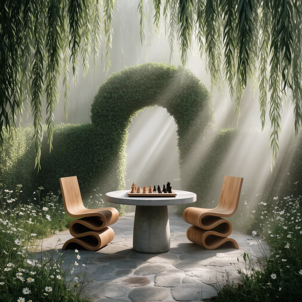 serene garden patio, round concrete table with chessboard, two S-shaped wavy wooden chairs, cascading weeping willow foliage foreground, manicured green hedge archway, dramatic volumetric light rays piercing misty atmosphere, scattered white wildflowers, photorealistic dreamlike aesthetic
