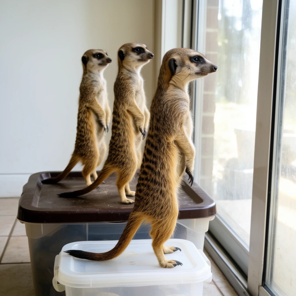 Three meerkats stand upright in rigid, alert postures on plastic storage bins beside a glass sliding door. The foreground meerkat balances on a translucent white container lid, its long tail trailing behind, while two others stand staggered on a dark brown bin in the background. All three gaze uniformly to the right toward bright natural light streaming through the glass. Their tan fur reveals dark dorsal stripes, black claws, and distinct dark eye patches. The indoor setting features a plain white wall and tiled floor, captured in a clear, eye-level photograph with bright daylight illuminating the animals.