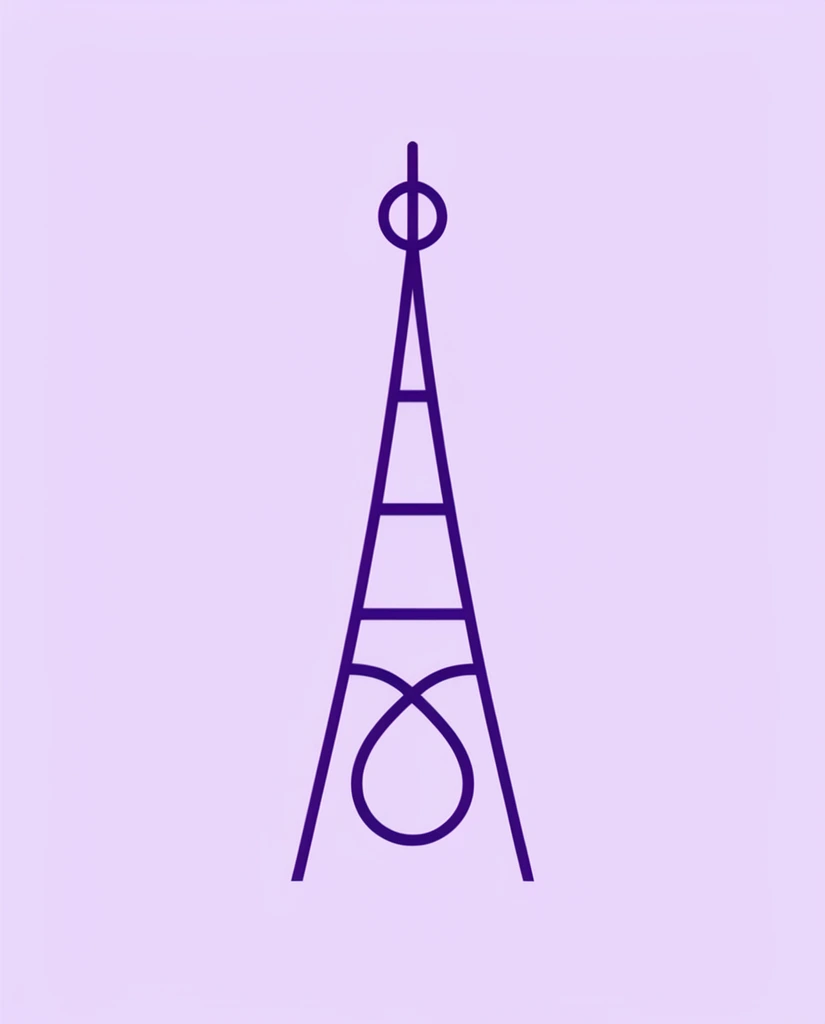 A minimalist vector graphic of a tall, symmetrical tapering tower constructed from solid dark violet mono-weight lines, perfectly centered against a flat, light pastel lavender background. The stylized geometric structure features angled support legs at the wide base that steeply converge towards a narrow apex, intersected cleanly by three horizontal crossbars. Near the top, a distinct small circle is bisected by a vertical spire reaching upwards. Between the lowest legs, the continuous structural line elegantly curves inwards to form a seamless teardrop-shaped loop resembling a folded ribbon. The flawlessly balanced composition utilizes vast uniform blank space around the central figure, emphasizing the clean line art abstraction, the stark contrast between the rigid angled upper tiers and the flowing circular base loop, and the striking monochromatic dual-tone purple color palette.
