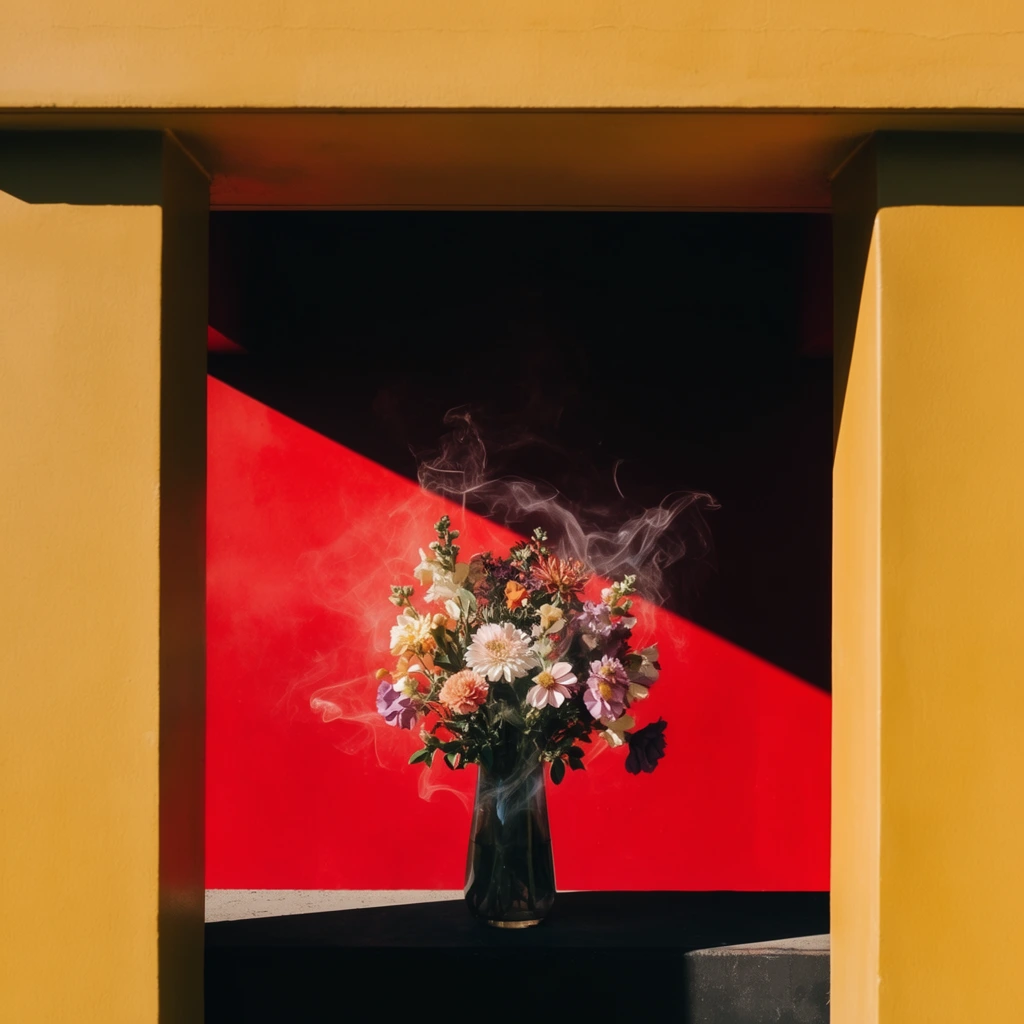 A centrally positioned vase of mixed flowers is enveloped by thin, curling wisps of smoke, sitting within a stark architectural recess. The floral arrangement is framed symmetrically in the foreground by thick, smooth mustard-yellow walls and a flat yellow overhang, forming a rigid, rectilinear frame-within-a-frame composition. Directly behind the vase, a vibrant, highly saturated crimson wall is bisected by a razor-sharp, diagonal shadow line cast by harsh, direct sunlight. The intense directional lighting vividly highlights the detailed petals and translucent smoke forms against the deep, opaque black shadows of the unlit areas. The scene is captured with sharp, high-resolution photographic clarity, emphasizing severe geometric color-blocking, minimalist flat surfaces, and high-contrast dramatic daylight.