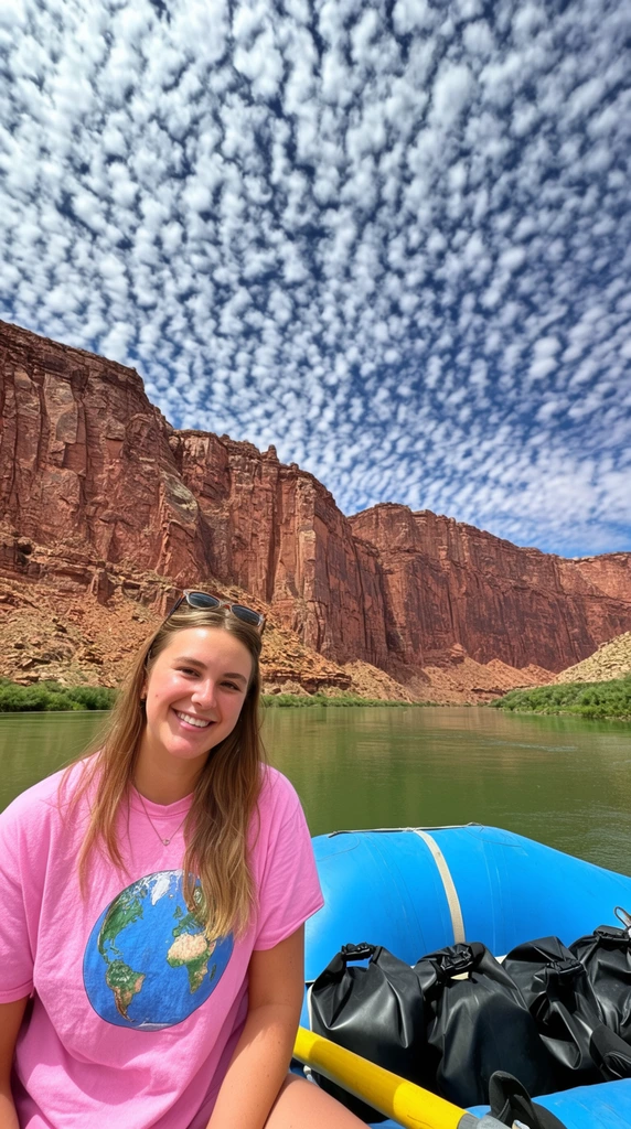 A smiling young woman sits on a raft in the foreground, wearing a pink t-shirt with a globe graphic and sunglasses resting on her hair. Beside her are a bright blue pontoon, black dry bags, and a yellow oar. A calm green river flows behind her at the base of massive, rugged red canyon walls featuring vertical rocky striations. Above, an expansive blue sky is filled with a dense, striking pattern of white altocumulus clouds. Vibrant daylight photography with a wide-angle perspective.