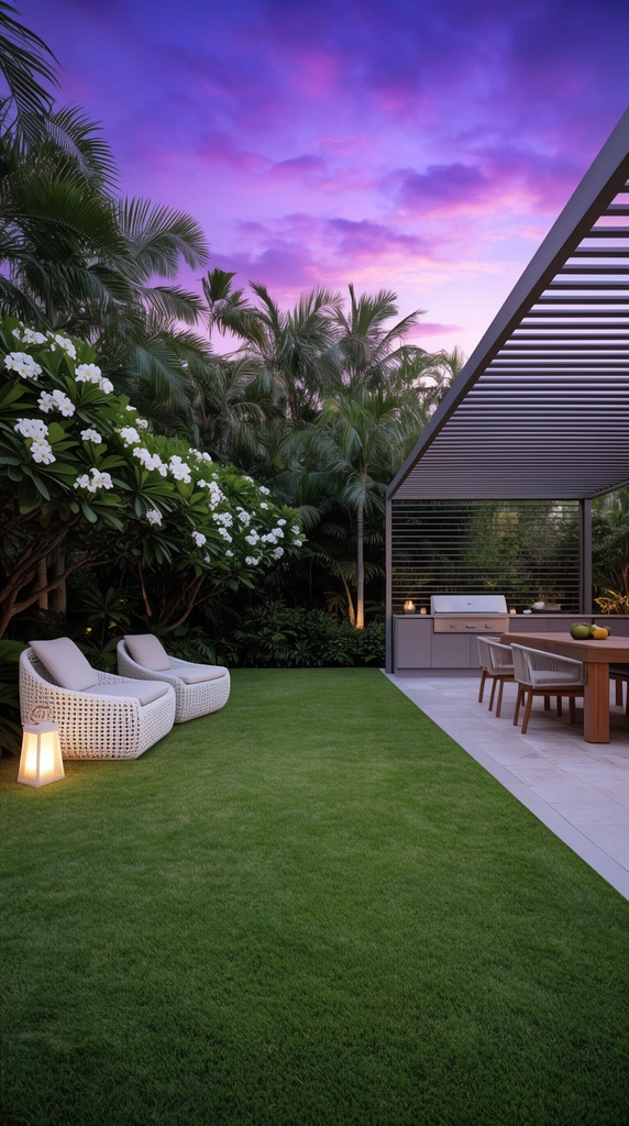 A luxurious tropical backyard at twilight featuring a pristine rectangular lawn. Two white woven lounge chairs and a glowing lantern sit on the left edge. A slatted metal pergola on the right shades a wooden dining table and sleek outdoor kitchen. Dense palm trees and blooming white plumeria enclose the space beneath a dramatic purple and pink sunset sky, captured in a photorealistic, wide-angle architectural style.