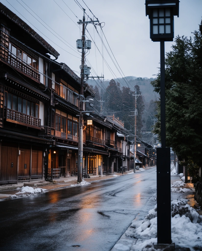 wet asphalt street reflecting warm light, traditional multi-story wooden buildings with lattice windows lining the left side, tall utility poles with complex wiring, patches of melting snow along the curbs, tall black signpost in the right foreground, dark green trees, overcast winter sky, forested hills in the distant background, cool cinematic lighting contrasting with warm glowing interior lights, moody atmosphere, deep depth of field, travel photography