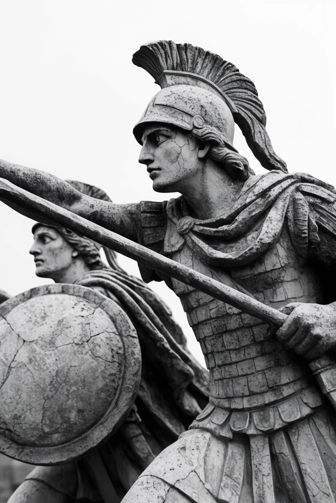 A black-and-white close-up of a weathered stone sculpture of two ancient soldiers thrusting spears. The leading figure wears a plumed helmet and segmented armor. A second soldier holds a round shield behind him. Rough textures and cracks define the high-contrast, low-angle composition against a stark white sky.