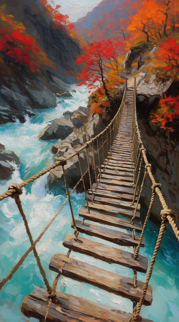 hanging rope bridge spanning a steep rocky gorge, weathered wooden planks, thick twisted ropes, high-angle perspective looking down, rushing turquoise river crashing against jagged stones, sparse autumn trees with fiery red and vibrant orange foliage clinging to steep cliffs, impressionist oil painting, thick impasto brushstrokes, heavy dabbed paint texture, vibrant contrasting color palette, textured canvas surface