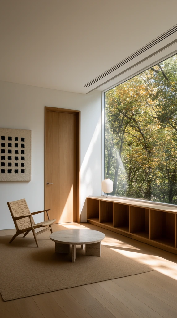 A minimalist interior bathed in sharp natural sunlight. A light wood lounge chair with a woven back rests on a tan area rug beside a round stone coffee table. A solid wooden door stands closed on the crisp white wall beside a square textured artwork displaying a grid of small black squares. On the right, a massive picture window frames a dense forest canopy of green and golden foliage. A low, continuous wooden shelving unit spans the space below the window, holding a single white lantern-style lamp. Linear vents detail the ceiling, and warm daylight casts striking geometric shadows across the pale hardwood floor. Photographed with a wide-angle lens, the scene contrasts austere architectural lines against the organic textures of nature.