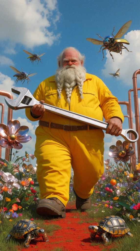 giant overweight elderly man with a long white braided beard in a bright yellow mechanic jumpsuit holding a massive silver wrench, striding forward, low angle perspective emphasizing towering scale, surreal vibrant meadow with red soil and green grass, giant metallic flowers, copper pipes, winged mechanical beetles flying in blue sky with fluffy clouds, robotic tortoises walking on ground, hyper-realistic 3D render, uncanny aesthetics, bright saturated colors, retro film grain