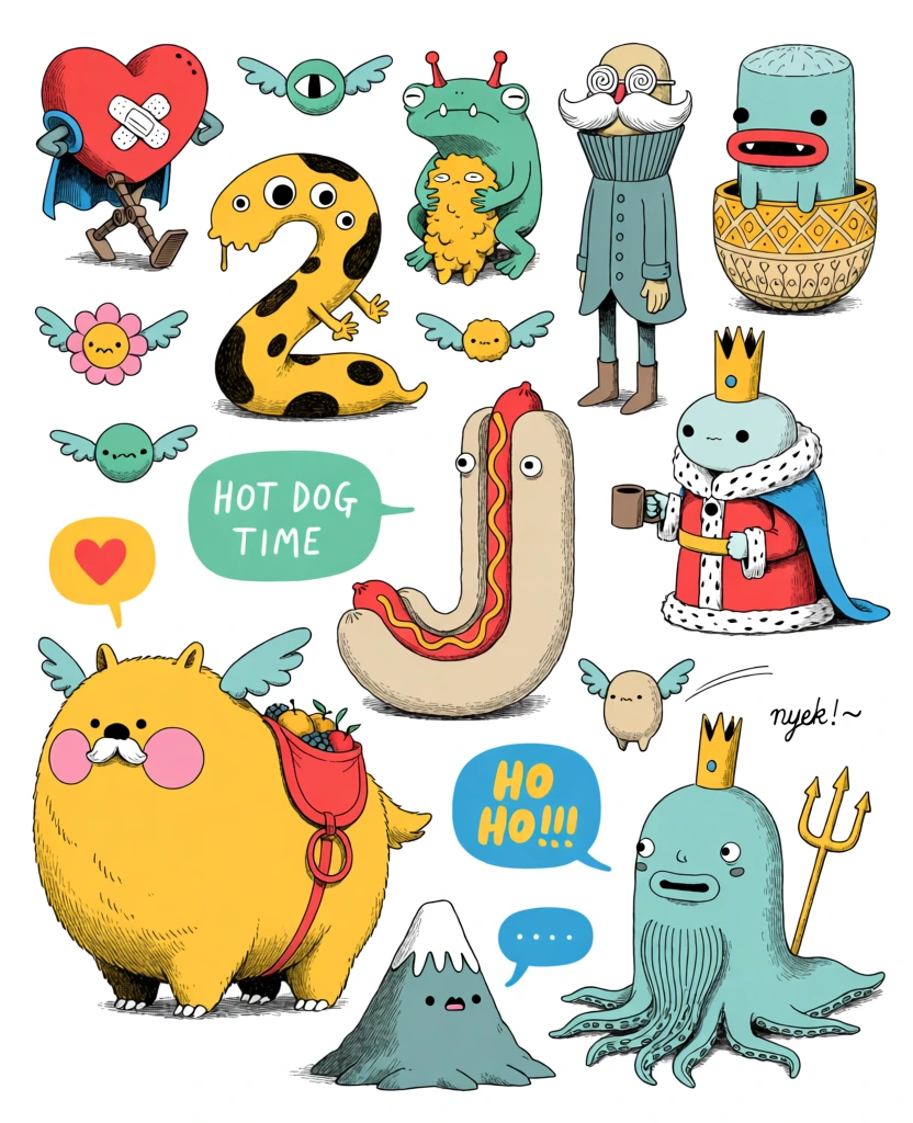 A collection of eccentric, colorful monsters and whimsical characters are scattered across a plain white background in a hand-drawn illustration style. At the top left, a red heart-shaped character with two white bandages crossed on its front wears a blue cape and walks on brown mechanical legs. To its right, a yellow, serpentine creature shaped like the number two features black spots, multiple eyes, and tiny yellow hands. In the upper center, a green, frog-headed monster with red antennas on its head holds a lumpy yellow creature. A tall character with a large white mustache, spiral glasses, and a tall-collared teal coat stands to the right of the center. On the far right, a cylindrical teal creature with small black eyes and a large red mouth sits inside a patterned yellow egg-like shell. Below the egg creature, a king with light blue skin, a golden crown, a red robe with white fur trim, and a blue cape holds a small brown mug. A teal, slug-like sea creature with a golden crown, a trident, and a tentacle beard sits in the lower right area. In the center, a large beige creature shaped like the letter J resembles a hot dog bun with a red sausage running along its length. To the left is a massive, round yellow beast with pink cheeks, small teal wings, and a red saddlebag filled with fruit. At the bottom center, a mountain-shaped creature with a snowy peak sits next to a blue speech bubble. Various small flying entities, including a green winged eye, a pink flower face, and a green winged sphere, occupy the spaces between the larger figures. A teal speech bubble contains the text "HOT DOG TIME" in hand-drawn, sans-serif uppercase letters. A blue speech bubble near the mountain creature contains the text "HO HO!!!" in yellow, bold, uppercase letters. A small script "nyek!~" is positioned next to a tiny beige winged creature in the middle right. A yellow speech bubble contains a red heart icon. The illustration employs a comic-book aesthetic with black ink outlines and a color palette of pastel yellows, teals, and reds against a stark white background. The lighting is flat, using fine-line hatching for subtle depth and shading.