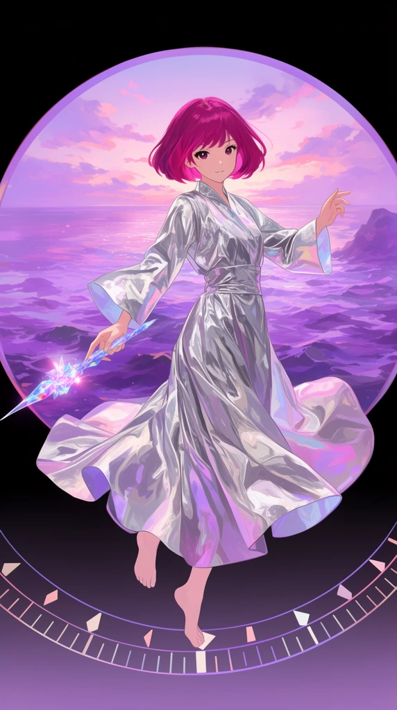 anime girl with short magenta bob hair, wearing flowing silver robes, floating dynamically, holding a glowing crystalline wand, framed within a circular portal, surreal purple ocean and dusk sky, standing over a curved clock dial with geometric marks, solid black background outside the portal, vibrant pastel palette, digital illustration, dynamic composition