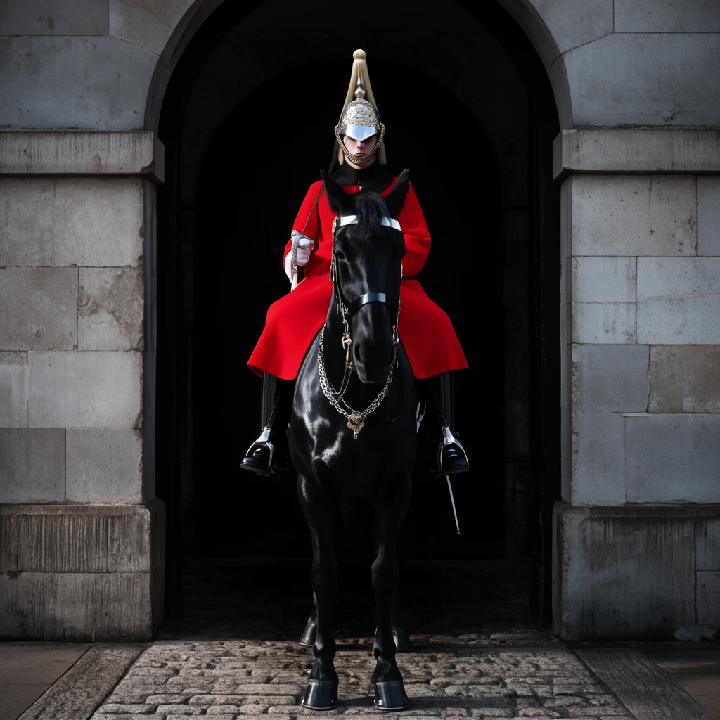 A mounted guard in a red tunic and ornate silver helmet sits motionless on a glossy black horse framed by a dark stone archway. The steed wears silver chain reins and stands squarely on cobblestones. The symmetrically composed photograph features dramatic lighting, contrasting the bright uniform and reflective armor against the pitch-black interior.