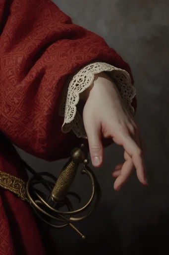 Decayed Baroque Elegance style reference image — faded crimson damask