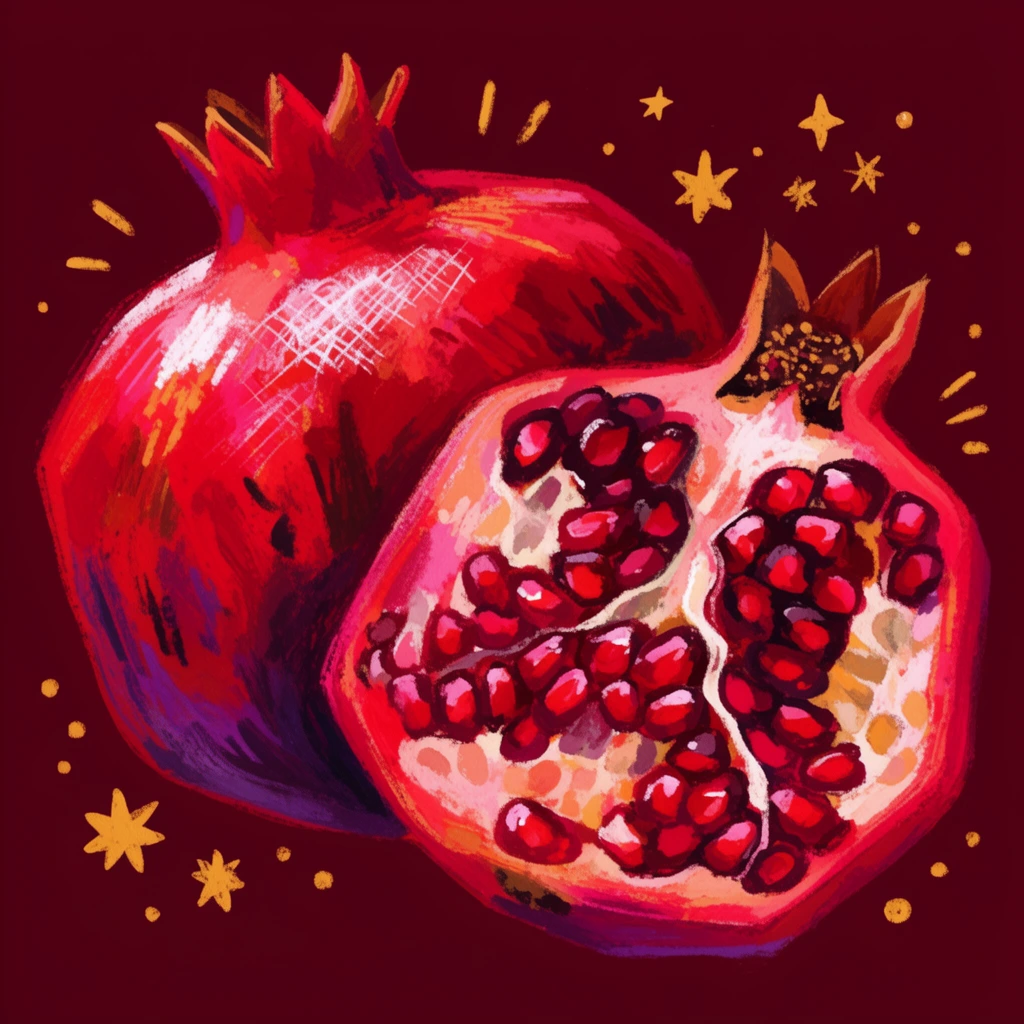 A vibrant painterly illustration of a whole and a halved pomegranate resting against a deep maroon background. The whole fruit sits on the left, rendered with loose strokes of bright crimson, deep purple shadows, and white cross-hatched highlights beneath a prominent jagged crown. In the foreground right, the halved pomegranate exposes dense clusters of glistening ruby-red seeds encased in thick pinkish-white pith. Scattered around the fruit are stylized golden-yellow stars, dots, and small radiating lines. The artwork features a digital oil pastel aesthetic with thick textured brushwork and intense warm hues, framing the close-up still life with floating celestial accents in the solid dark space.