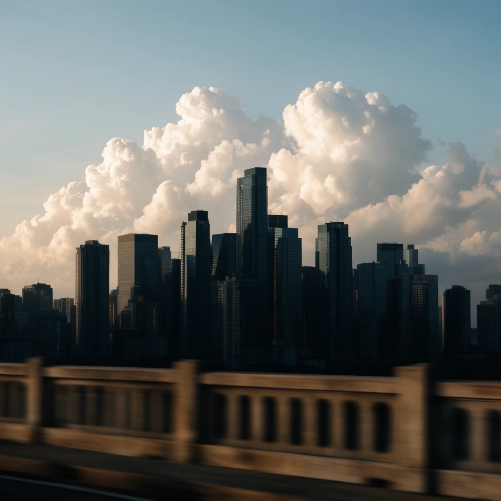 A dense metropolis skyline rises behind a concrete bridge railing streaked with heavy lateral motion blur. Sharp, glass-paneled skyscrapers in deep shadow contrast with the dynamically blurred foreground. Behind the architecture, massive, brightly lit cumulus clouds dominate a soft blue sky. Captured with cinematic telephoto compression in late afternoon sunlight, the silhouetted buildings emphasize the dramatic scale of the luminous clouds.