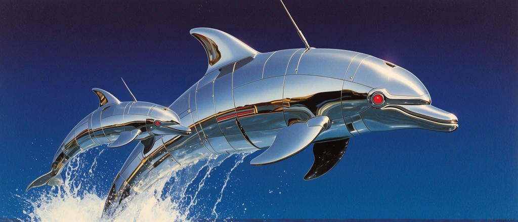 Two robotic chrome dolphins leap from deep blue water, generating a white splash. The larger mechanical dolphin features a highly reflective silver body with segmented panel lines, a glowing red eye, and a thin antenna. A smaller, identical metallic dolphin follows closely behind. Set against a smooth, dark blue gradient background, the retro-futuristic aesthetic emphasizes hyper-realistic metallic rendering, sharp reflections, and vintage airbrush illustration techniques.