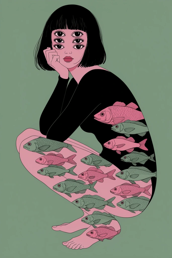 A surreal graphic illustration of a crouching woman with six eyes and a black bob against a sage-green background. Wearing a black bodysuit, she rests her chin thoughtfully on her hand. Stylized pink and green fish swim directly through her solid torso and legs. The dreamlike composition features crisp black linework and flat, muted colors.