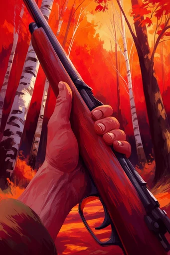 Luminous Crimson Woodland style reference image — white birch forest