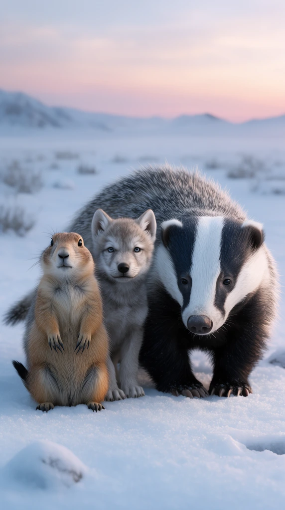 Prairie dog standing upright, grey wolf pup facing forward, large bristly badger, vast snowy tundra, soft twilight sky, photorealistic render, cinematic lighting