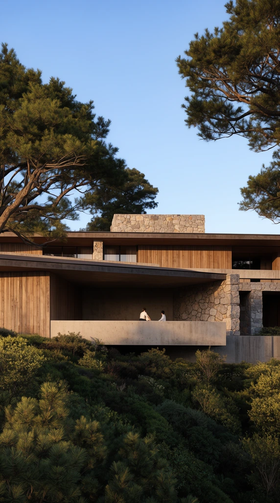 A modern, low-profile building with vertical wood siding and rough-hewn stone accents sits nestled into a lush hillside. Two small figures occupy a deep, shadowed concrete terrace under a wide overhang. Large evergreen trees frame the layered, horizontal architecture against a clear blue sky, bathed in warm afternoon sunlight.