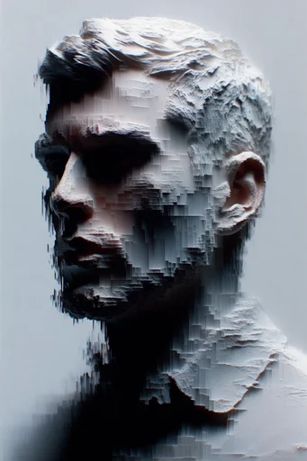 Monochrome Glitch Brutalism style reference image — bas-relief digital texture