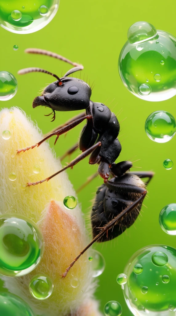 highly detailed black ant climbing a fuzzy pale yellow plant bud, surrounded by floating transparent and bright green spherical bubbles of varying sizes, vivid lime green background, intricate insect anatomy with fine hairs, glassy water droplets refracting light, sharp specular highlights, hyper-realistic macro photography, surreal nature composite, shallow depth of field