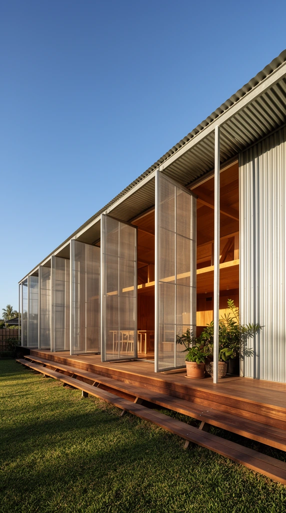 Modern pavilion house, corrugated metal roof and side wall, tall pivoting semi-transparent metal mesh screens open along the front facade, exposed warm wood-paneled interior, wooden deck, potted plants, steps leading to green grass, clear blue sky, golden hour sunlight, sharp shadows, wide-angle architectural photography