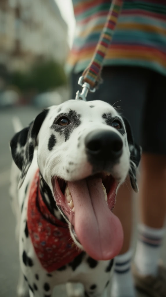 extreme close-up of a panting Dalmatian, mouth wide open, long pink tongue hanging out, black spots on white fur, red patterned bandana, attached to a colorful striped leash, looking upward, shallow depth of field, heavily blurred background of a person standing on pavement, colorful striped shirt, dark shorts, white striped socks, cinematic daylight photography, low camera angle, wide aperture, soft bokeh