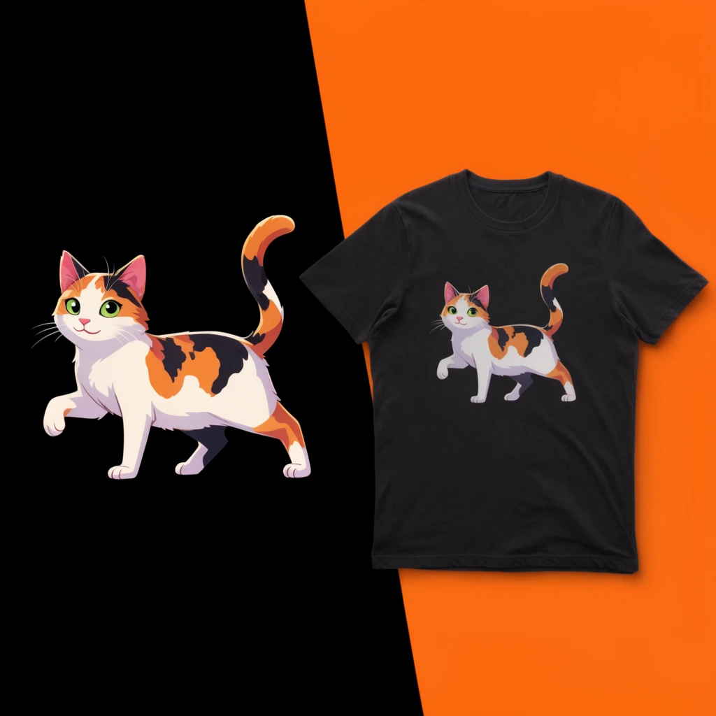 split-screen composition divided diagonally with solid black on the left and bright orange on the right, left side featuring a vector illustration of a playful walking calico cat with raised front paw, green eyes, white body with orange and black patches, curved tail, right side showing a flat-lay black short-sleeved t-shirt bearing the identical calico cat graphic on its chest, commercial apparel mockup presentation, clean flat lighting, high contrast vibrant color palette, digital art style, soft drop shadow under the folded shirt