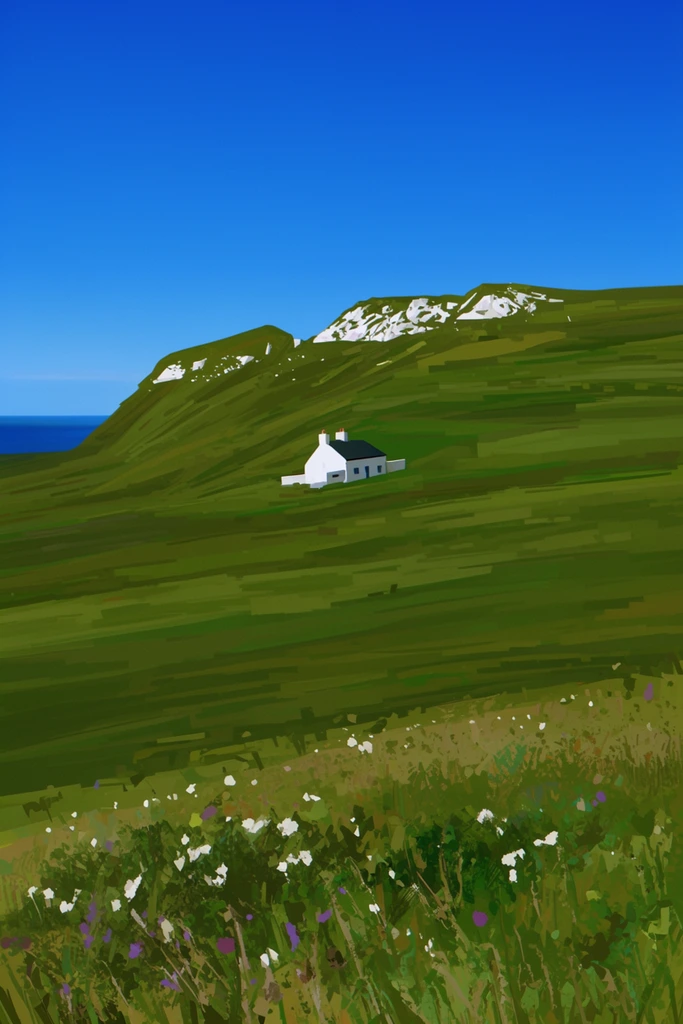 A sweeping green hillside dominates the landscape beneath a vibrant, cloudless blue sky, featuring a solitary white cottage with a dark pitched roof nestled mid-slope. The rolling terrain is rendered with thick, blocky brushstrokes in varied shades of olive and emerald green. Near the summit, stark white rocky outcroppings crest the ridge. The immediate foreground features textured dabs of paint depicting coarse grasses interspersed with small white and purple wildflowers. On the far left horizon, a sliver of deep blue ocean meets the sky. The wide-angle composition and saturated color palette emphasize the serene isolation of the scene through an expressive, stylized painterly technique with visible, horizontal stroke marks.
