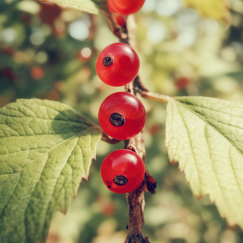extreme macro photography of glossy bright red translucent berries hanging vertically from a rough brown stem, three prominent spherical berries exhibiting dark circular dried remnants at their base, flanked by large light green leaves with deep veins and serrated edges, ultra shallow depth of field, heavily blurred background of dappled foliage and creamy bokeh, warm natural sunlight filtering through leaves, subtle vintage color grading