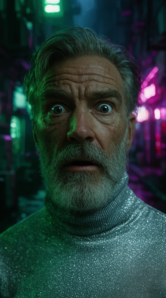 close-up portrait of a rugged older bearded man, wearing a silver turtleneck, wide-eyed surprised expression, cinematic neon green and magenta lighting, moody cyberpunk alleyway background, shallow depth of field, blurred neon bokeh, high contrast