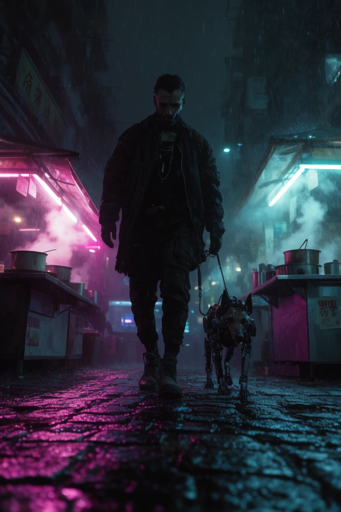 low-angle shot, solitary cyberpunk drifter walking a mechanical canine companion, wet cobblestone street, vibrant magenta neon reflections, steaming noodle shop stalls, heavy cyan rim lighting, deep shadows, cinematic sci-fi atmosphere, gritty urban texture, heavy rain