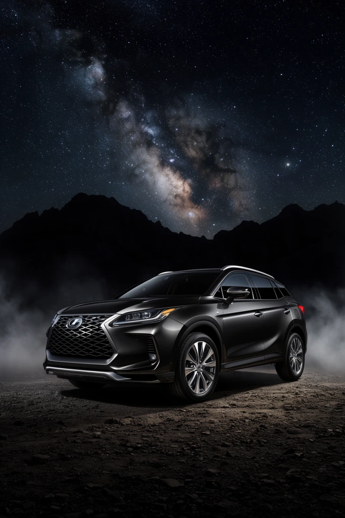 A sleek, dark-metallic SUV parked on rough terrain under a brilliant, star-filled night sky. Dramatic studio lighting highlights the vehicle's sharp contours, aggressive grille, and polished alloy wheels, while atmospheric mist swirls around its base. A pitch-black silhouette of a rugged mountain range anchors the midground beneath a breathtaking astrophotography-style sky displaying the glowing Milky Way. The high-contrast composition masterfully blends commercial automotive photography with serene nocturnal landscapes.