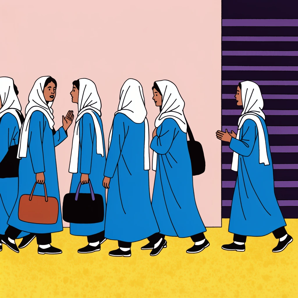 A flat graphic illustration of female students in white headscarves and blue tunics walking alongside a pale pink wall toward dark purple stairs. Rendered with bold black outlines and solid color blocks, the girls converse, carry bags, and glance backward across a textured yellow floor in a rhythmic sequential composition.