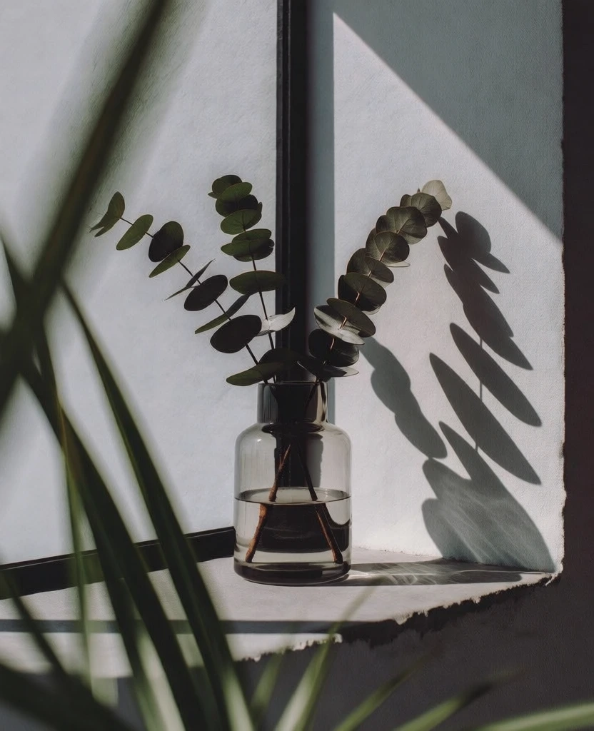 minimalist still life, transparent glass vase with eucalyptus branches on a concrete windowsill, harsh direct sunlight casting sharp graphic shadows against a textured white wall, framed by blurred out-of-focus foliage in the immediate foreground, high-contrast editorial aesthetic, muted neutral color palette, sharp focus on glass and leaf textures, clean architectural composition, brutalist vibe, dramatic play of light and shadow, sophisticated monochromatic atmosphere.
