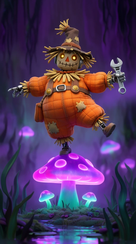 plump robotic scarecrow, orange quilted jumpsuit, balancing on giant glowing neon mushroom, holding silver wrench, misty purple swamp, stop-motion style