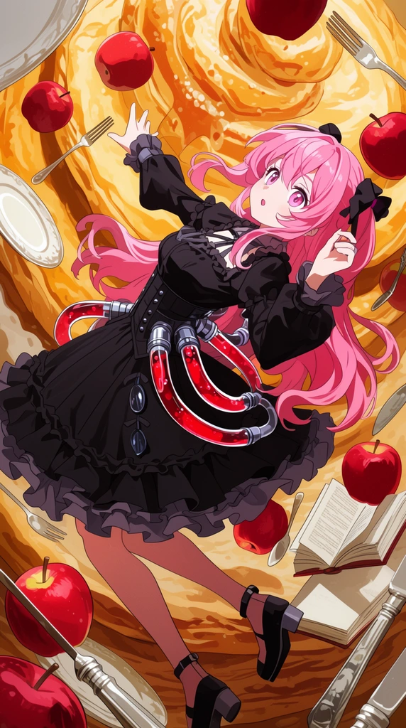 A pink-haired anime girl in a frilled black gothic dress falls backward through a surreal vortex of floating red apples, silver cutlery, plates, and open books. Her complex outfit features distinctive red liquid-filled tubes attached to her waist. The dynamic, tilted composition is rendered in a crisp cel-shaded style with warm, vibrant lighting against a giant pastry-like backdrop.