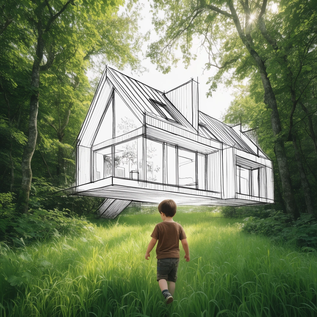 A mixed-media composition overlaying a stark black-and-white architectural line sketch of an angular modern house onto a photorealistic lush green forest clearing. A young boy in a brown t-shirt walks away through vibrant tall grass in the foreground beneath the hovering drawn structure.