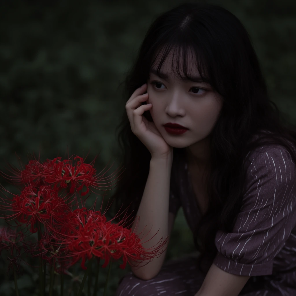 A cinematic portrait of a young woman gazing contemplatively off-camera next to vibrant red spider lilies. She has long dark wavy hair with wispy bangs and rests her hand gently against her cheek. She wears a muted purplish-brown dress patterned with thin white lines, her fair skin accented by deep red lipstick. In the lower left foreground, delicate, spindly red spider lilies are in sharp focus, providing a vivid splash of crimson. The background is a deeply shadowed, out-of-focus expanse of dark green foliage. The shallow depth of field and soft, diffused low-key lighting create a moody, melancholic atmosphere, emphasizing the stark color contrast between the bright flowers and the desaturated environment.