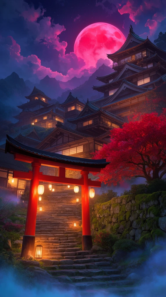 A sprawling traditional Japanese castle complex rests on a misty mountainside beneath a colossal glowing magenta moon. A striking vermilion torii gate stands in the foreground, framing a wide stone staircase illuminated by the warm amber glow of hanging paper lanterns. Elaborate multi-tiered wooden structures with sweeping dark eaves and lit shoji screens ascend the sloping terrain. A vibrant crimson tree spreads its foliage over a mossy stone wall on the right. Wisps of blue fog pool at the base of the steps. The night sky is a dramatic expanse of deep indigo, filled with voluminous pink-edged clouds and a massive red moon resting behind jagged mountain silhouettes. Rendered as a highly detailed digital illustration with vibrant atmospheric lighting and rich color contrasts.