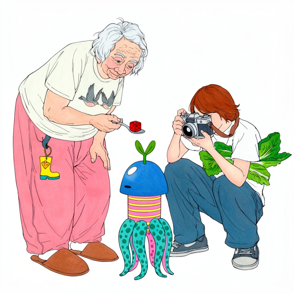 A stylized illustration against a white background shows an elderly person and a youth interacting with a small surreal creature. The elderly figure, wearing a bird-graphic t-shirt, baggy pink pants with a yellow boot charm attached, and brown slippers, leans forward offering a red die on a silver spoon. Beside them, a youth with reddish-brown hair crouches, aiming a vintage camera at the creature, with green leafy vegetables tucked under one arm. The creature features a blue, dome-like upper body topped with a green sprout, a pink and yellow striped torso, and four spotted, teal tentacle legs. The artwork is rendered with crisp black line art and bright, flat color washes.