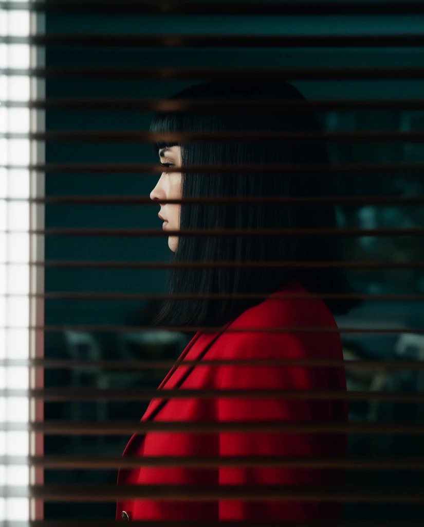 A woman with straight black hair, blunt bangs, and a vibrant red blazer is viewed in left-facing profile through dark horizontal window blinds. The prominent brown slats slice across the entire foreground, obscuring her features within a voyeuristic, cinematic composition. She stands in a dimly lit, dark teal room with heavily blurred background shapes. A stark vertical strip of bright white light borders the far left edge.
