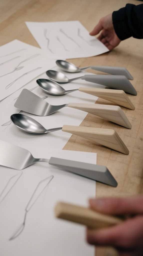 Prototype kitchen utensils rest on scattered paper sketches across a light wooden workbench. The collection features metal spoons and spatulas with thick, severely angled ergonomic handles crafted from pale wood and matte grey materials. Beneath the tools, white papers display delicate pencil line drawings matching their side profiles. A hand in a dark sleeve reaches from the upper right to adjust a paper, while a heavily blurred hand holds a wooden handle in the foreground. Captured with a shallow depth of field, the central stainless steel utensils remain in crisp focus. Soft, diffused lighting enhances the calm, muted color palette of warm woods, brushed metals, and soft greys.
