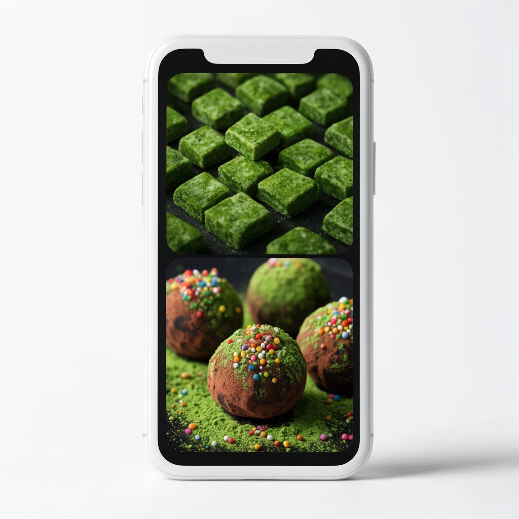 A white smartphone stands vertically against a minimalist white background with a soft drop shadow. Its illuminated screen displays two vivid food photographs set against a dark interface. The top image reveals textured, moss-green square confections. The lower photo showcases rustic spherical truffles heavily dusted with bright green powder, rich brown cocoa, and colorful sprinkles, emphasizing sleek modern product design and high-contrast culinary photography.