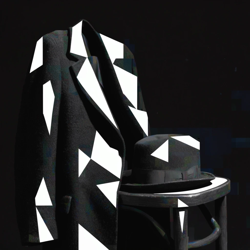 A draped coat and a hat resting on a chair are rendered as fragmented silhouettes emerging from a pitch-black void, aggressively intersected by stark, solid white geometric polygons. The physical forms of the garments and furniture are fractured by sharp triangles and jagged quadrilaterals of absolute white, contrasting violently against the deep shadows. Within the sparse areas remaining between the bright geometric overlays and the dense blackness, macro-level photorealistic textures are visible, revealing the tactile weave of thick wool, the structured felt of the hat brim, and the polished grain of the wooden chair. The background is a flat, infinite black expanse merging directly with the darkened boundaries of the subjects. The composition blends hyper-realistic photographic fragments with sharp minimalist vector shapes, overlaid with subtle digital degradation, including blocky compression artifacts, faint pixelation, and muted blue and green chromatic noise layered within the dark regions. The high-contrast, surreal aesthetic functions as a digital collage, utilizing flat, hard-edged graphic shapes to construct a gritty, glitch-art atmosphere.