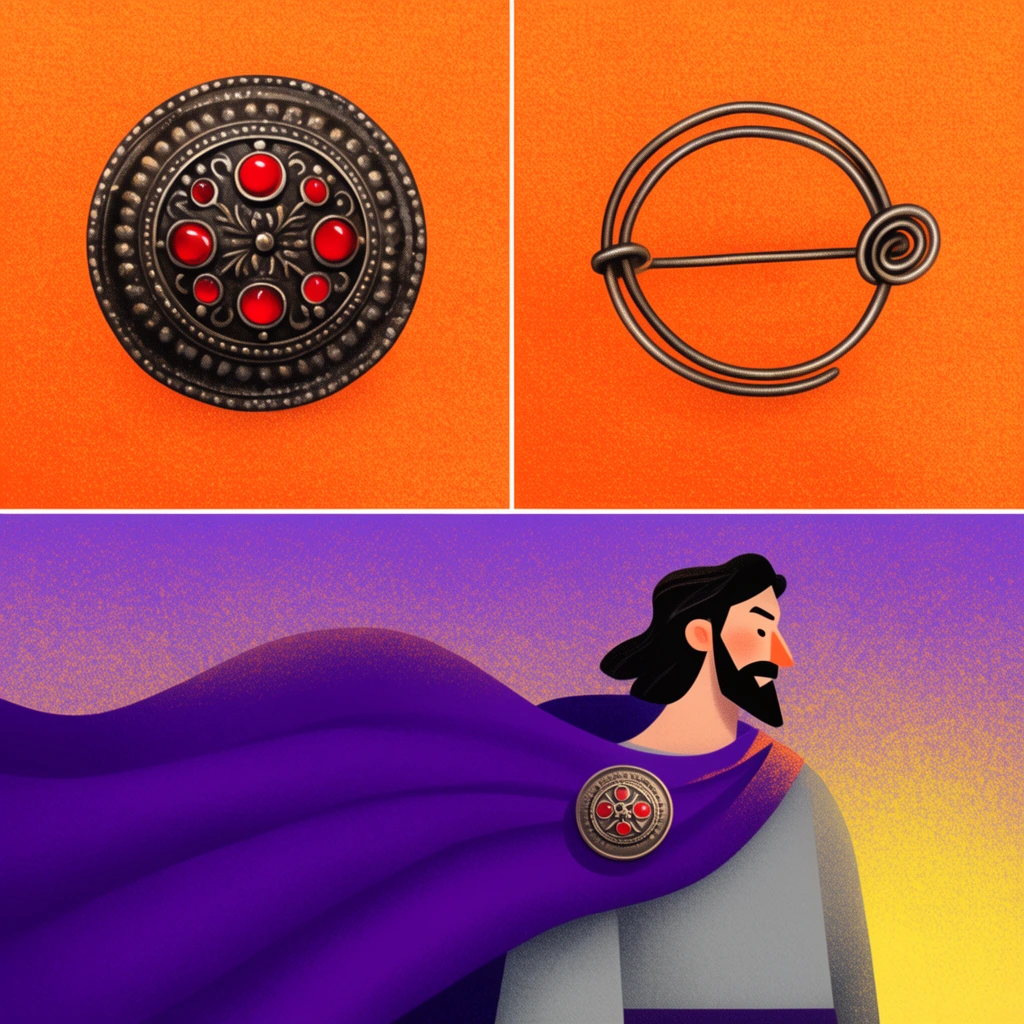 A textured tripartite illustration. Top panels display two metal brooches on stippled orange: an ornate dark circular pin with red jewels, and a coiled wire clasp. The bottom panel depicts a stylized, bearded man wearing a flowing purple cloak fastened with a circular brooch over a gray tunic, against a purple-to-yellow gradient.